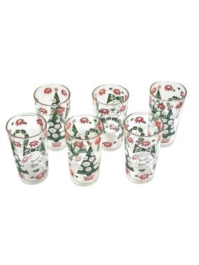 Set of 6 Christmas Tree Beverage Glasses with Festive Desugns